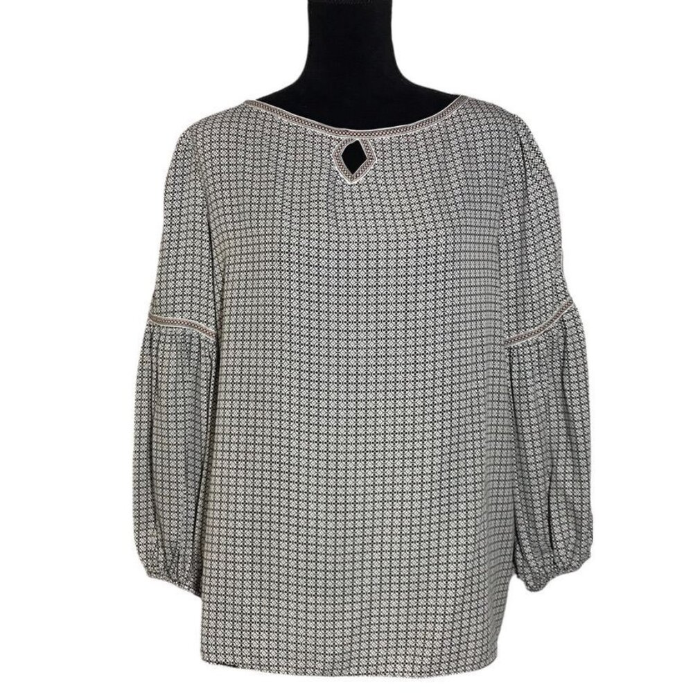 Max Studio Long Puff Sleeve Print Keyhole Top in White/Black - Sz M
